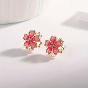 Pink Floral Enamel Stud Earrings Gold Tone Petite Flower Jewelry NWT